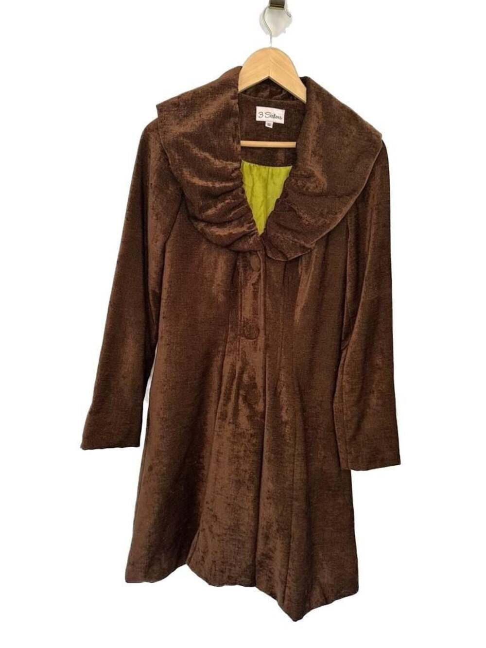 3 Sisters Womens Long Coat Brown Velvet coat Ruched Collar